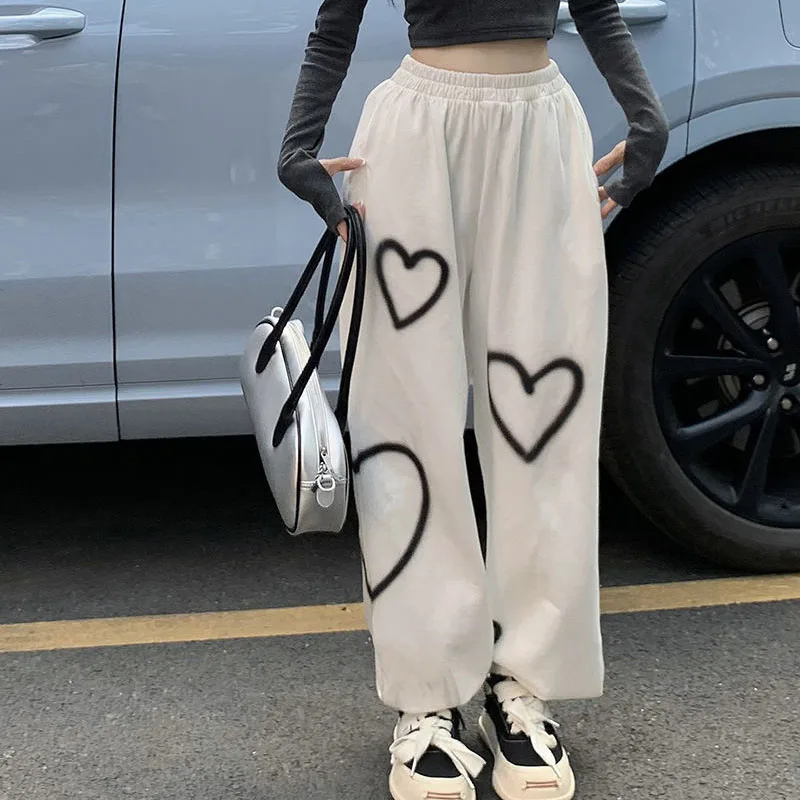 

Y2K White Women Pants Hip Hop Love Loose Female Sweatpants Oversize High Waist Fashion Korean Student Trousers Cargo Pants