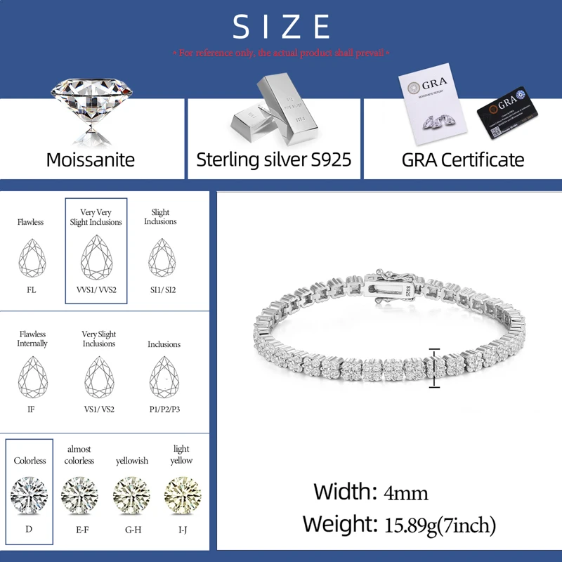 925 Sterling Silver D Color VVS1 Moissanite Tennis Bracelet Sparkling Diamond Test Pass Link Chain Women Wedding Jewelry Gift