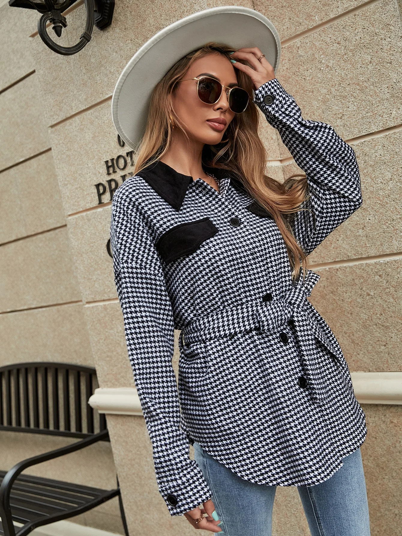 Women's winter woollen coat collision color thousand bird plagged material long coat small fragrance wind single breasted waist