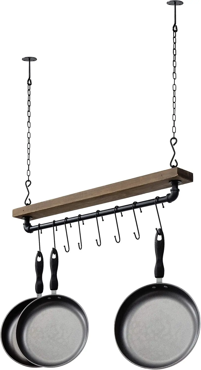 

30 Inch Rustic Wood & Black Metal Pot Rack with 8 Hooks, Wall or Ceiling Mount Kitchen Organizer