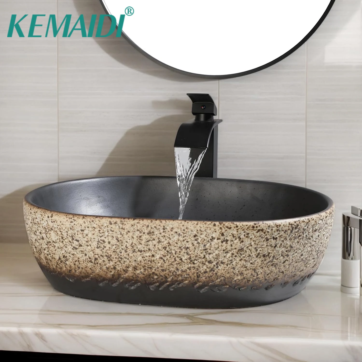 

KEMAIDI раковина из травертина с натуральным загаром и краном-водопадом, 19-дюймовая каменная раковина для ванной комнаты, раковина над столешницей, чаша для раковины