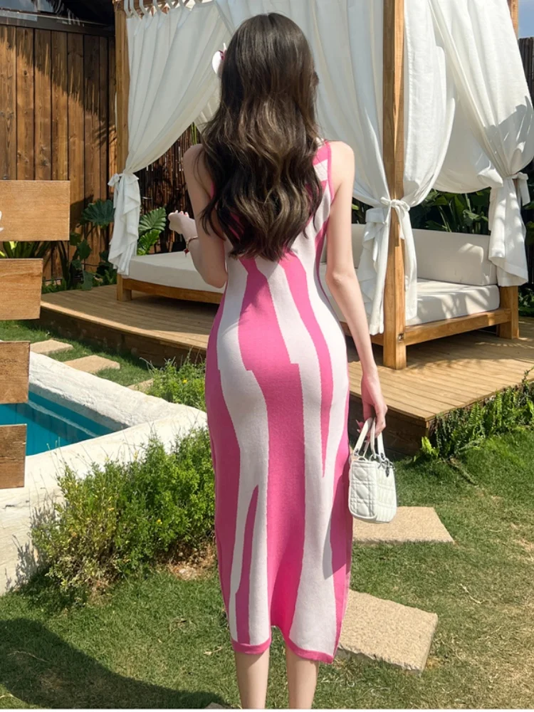 SMTHMA Vestidos 韓国シックなヴィンテージハイウエストの女性のドレスボディコンセクシーなストレッチニット 2025 サマードレス