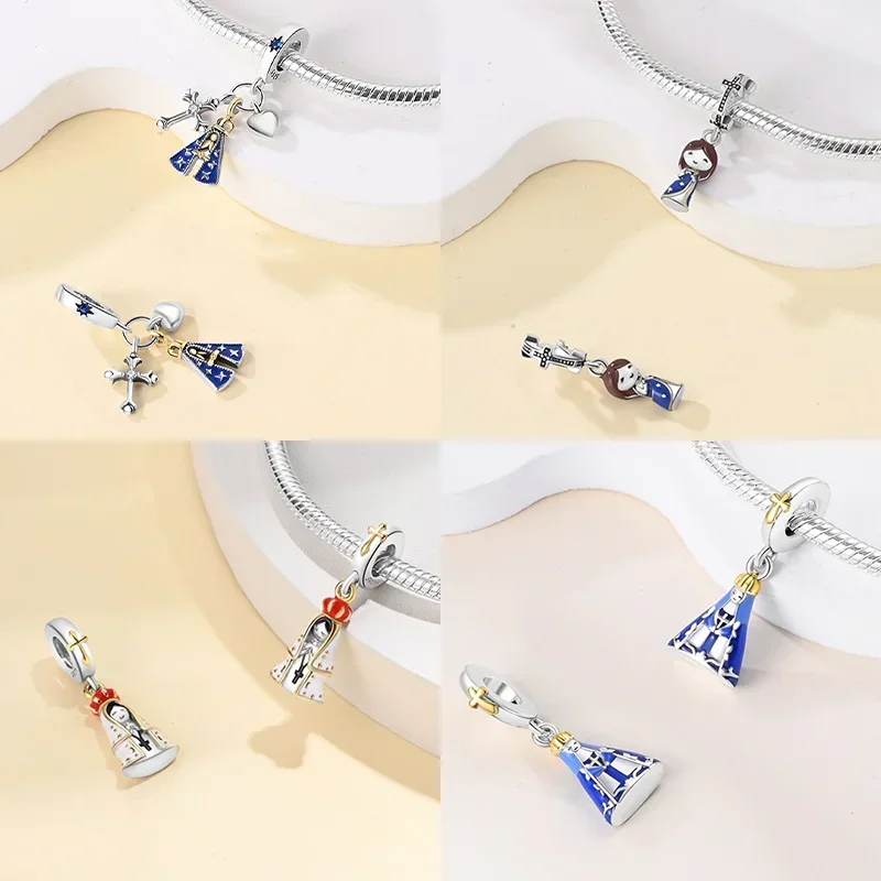 S925 Silver Virgin Mary Pendant Charm Cross Religious Bead Series Beads for Original Bracelet DIY Fine Jewelry Gift for Women