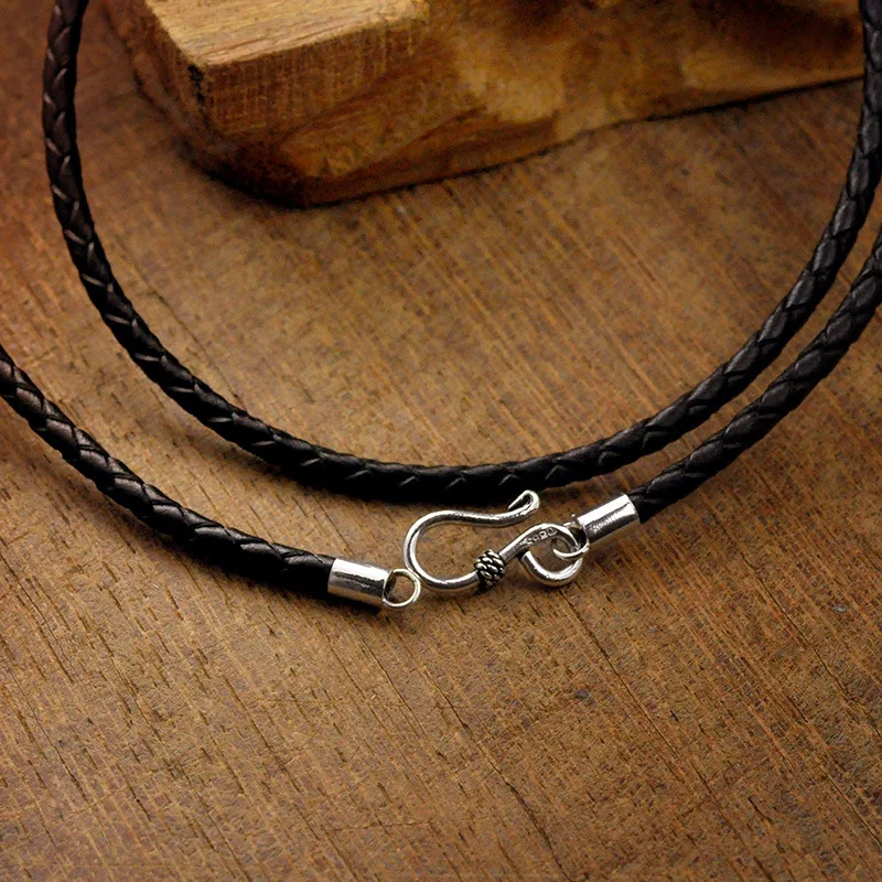 S925 Sterling Silver Necklace for Men Women Couple Style Wax Rope Braided Cowhide Rope Clavicle Chain Fine Jewelry Wholesale