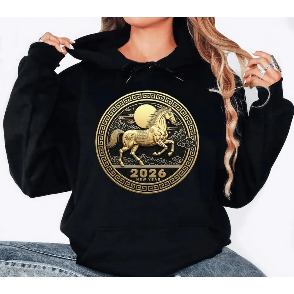 Happy Chinese New Year 2026 Hoodie Women Creative Clothes Year of The Horse 2026 Pullover New Year Family Unisex Clothes