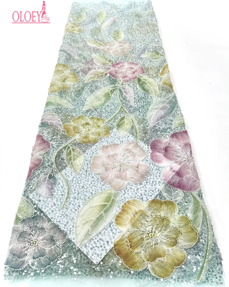 

OLOEY High Quality Lace Embroidery Sequins Net Lace With Beads Latest African Sequins Lace Fabric For Women Wedding Party Dres