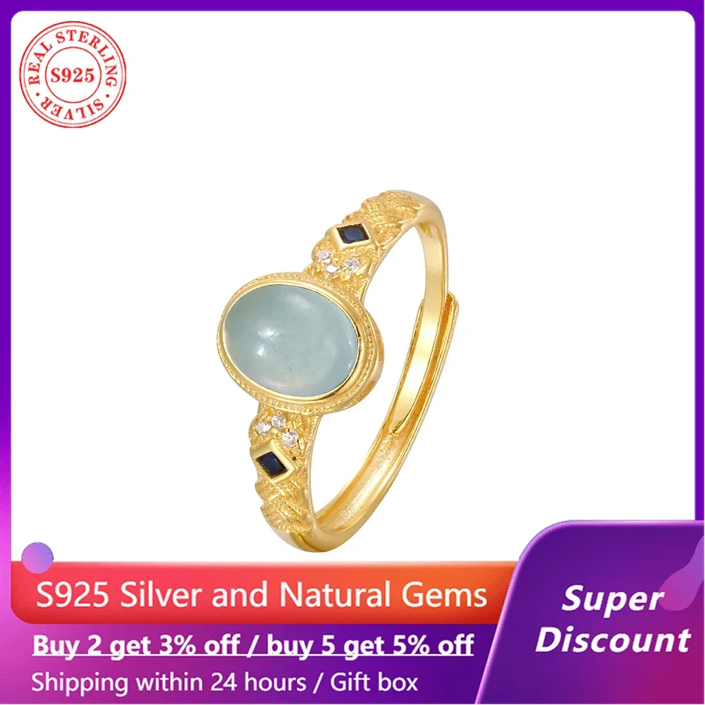 

18k gold color luxury princess ring paired with natural crystal aquamarine gemstone women's ring wedding jewelry 925 silver ring