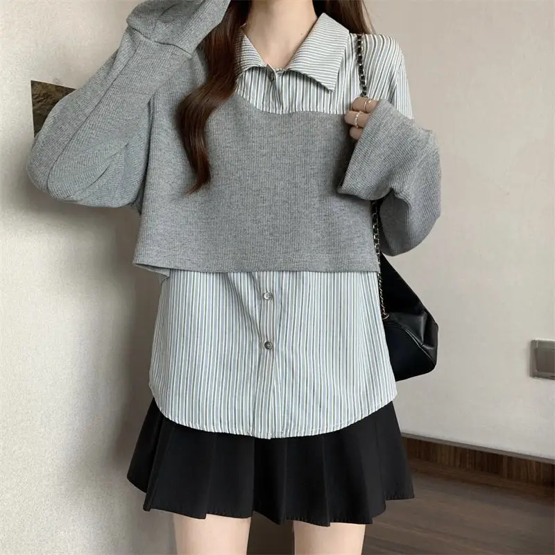 قميص مخطط بأزرار مخططة على الطراز الصيني الجديد للنساء بأكمام جرس وألوان متباينة فضفاضة ومتعددة الاستخدامات #4