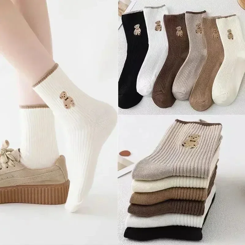 Calcetines de estilo universitario coreano para mujer, medias de tubo de oso de peluche Kawaii, algodón suave, versión coreana, tendencia Ins, calcetería informal, invierno, nuevo