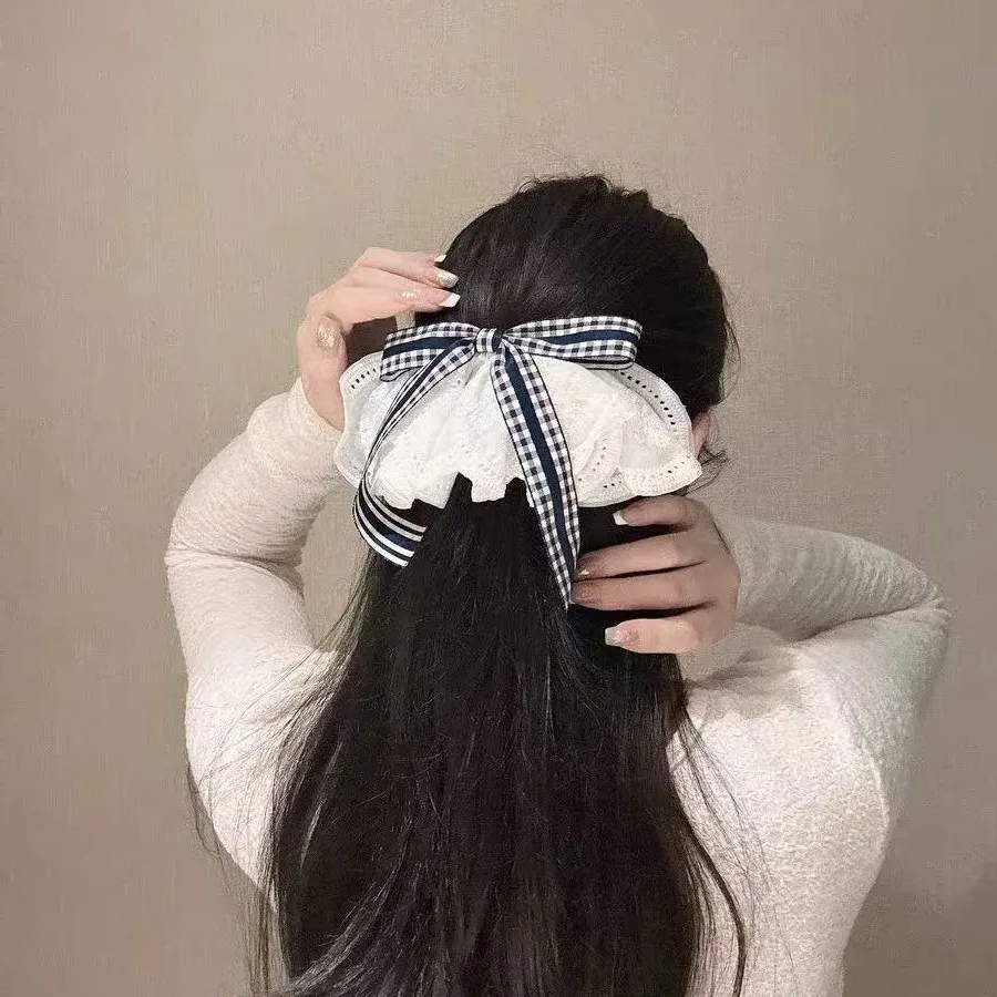 

Sweet School Style Plaid Bow Lace Skirt Spring Hair Clip for Women Artistic Daily Use Black