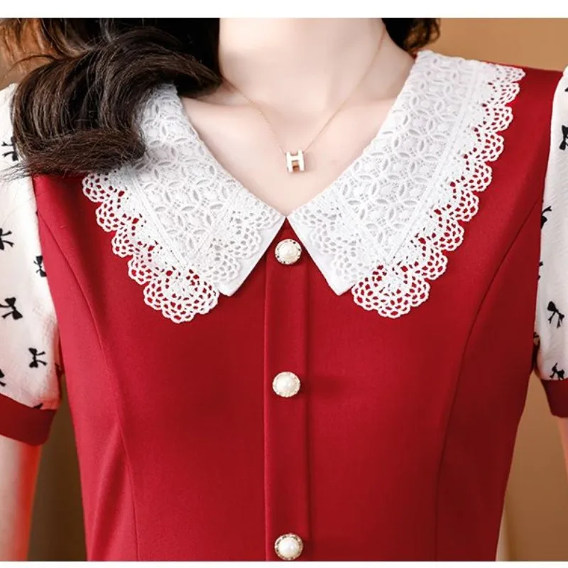 Summer Women\'s Turn-down Collar Hollow Out Pullover Lace Patchwork Button Bow Printed Short Sleeve T-shirt Casual Elegant Tops