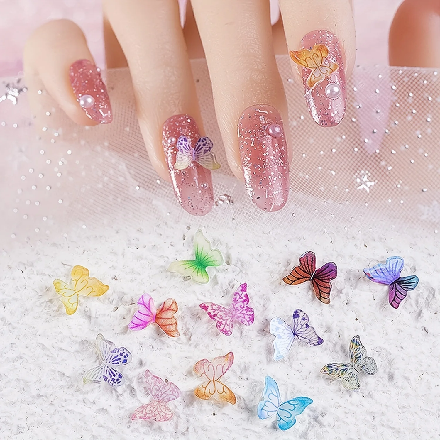 48Pcs Colorful 3D Butterfly Acrylic Nail Charms Glitter Clear White Blue Butterfly Nail Art Decoration DIY Craft Nail Supplies