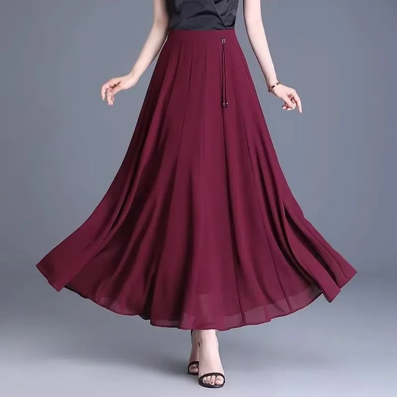 

Шифоновая длинная юбка, лето 2025 года, плиссированная юбка, новая тонкая с высокой талией, средней длины, свисающая