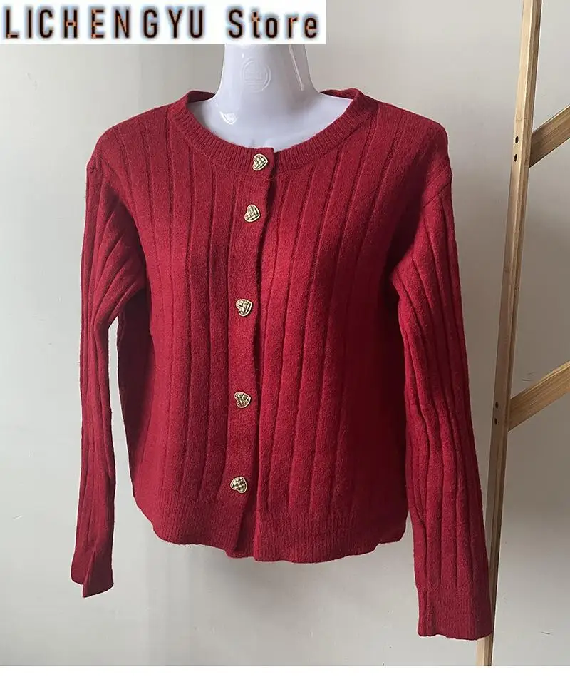 New Woman Sweaters Knitted Cardigan Winter Korean Fashion Cute Heart Buttons Long Sleeve Burgundy Red White Sweater Tops