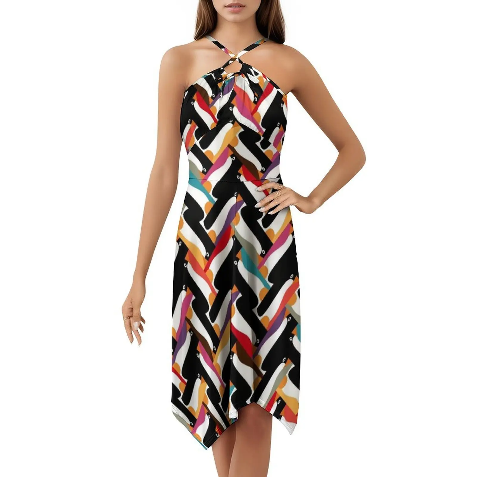 فستان متعرج البطريق الأزهار سموك للنساء الربيع الصيف فستان كاجوال للحزب البطريق نمط متعرجة الرسم #5