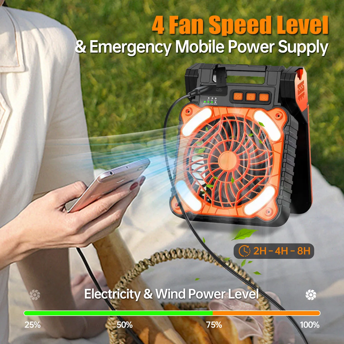 Portable Solar Fan Rechargeable Solar Powered Camping Fan 4 Speed 4 Timers and Quiet with LED Lantern for Picnic Fishing