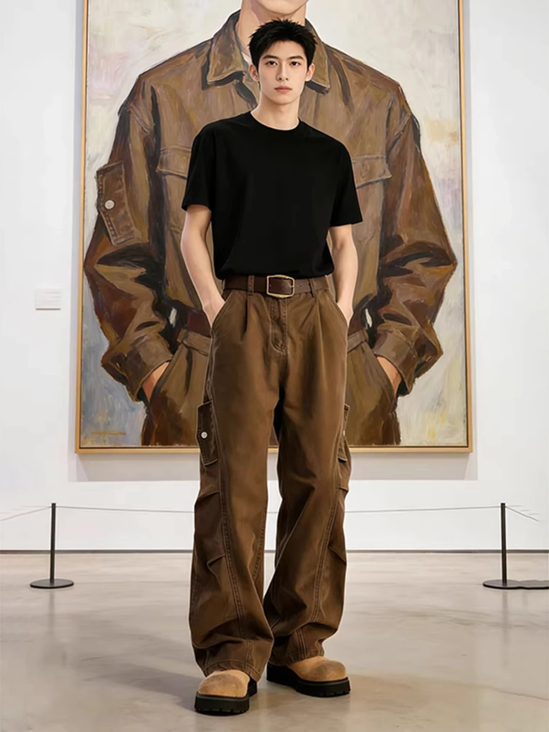 

Cleanfit American Retro Coffee Color Men's Spring Autumn High Waist Straight Leg Bell Bot Workwear Jeans Casual Pants