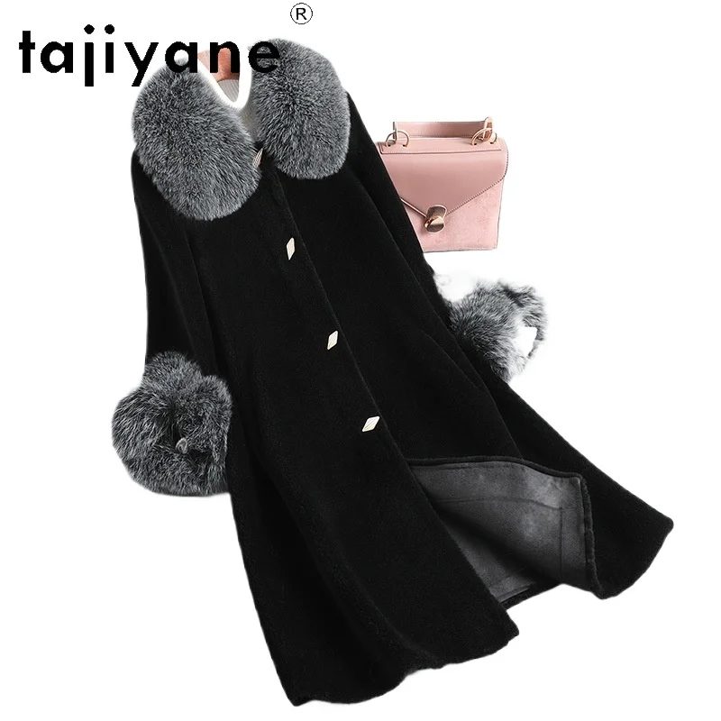 TAJIYANE 100% Wool Real Fur Coat Women Winter Luxury Women Clothing Long Shearling Coat Woman Fox Fur Collar шуба женская 2024