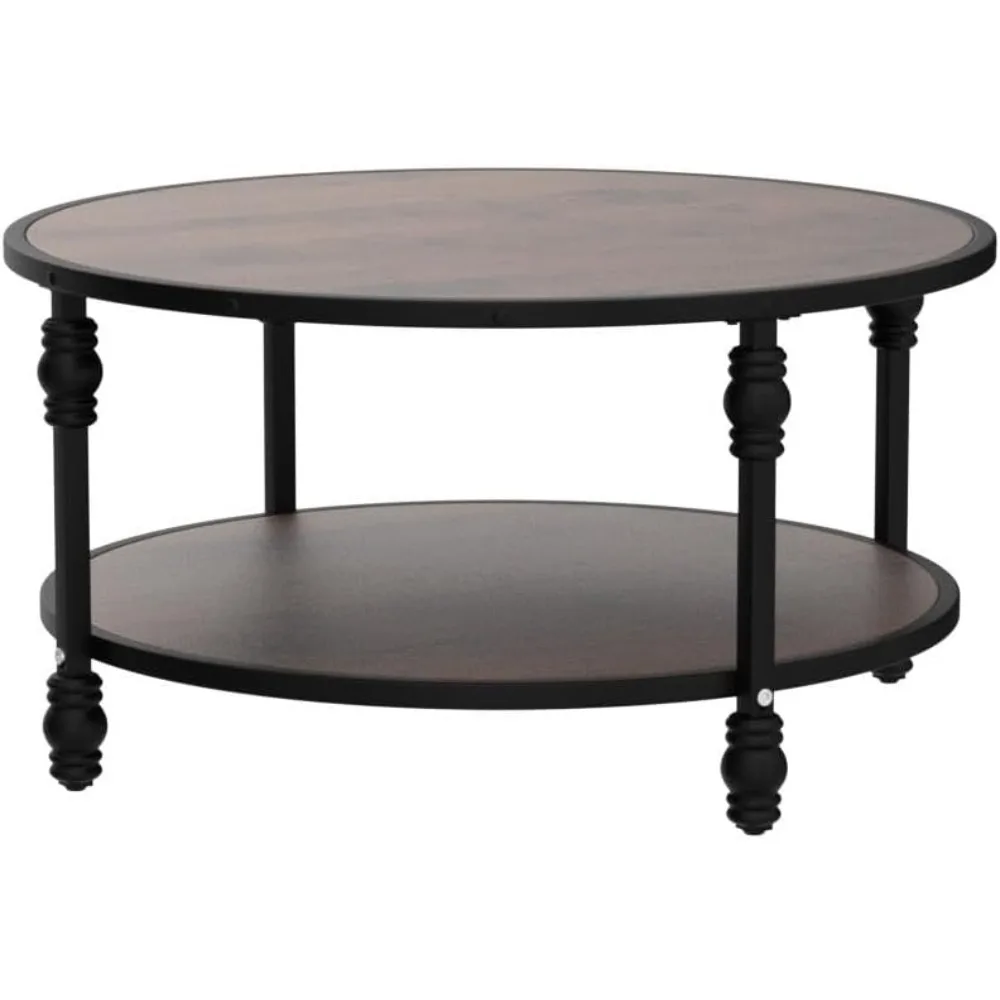 Rustic Wood Circle Coffee Table with Storage Shelf and Metal Base for Living Room