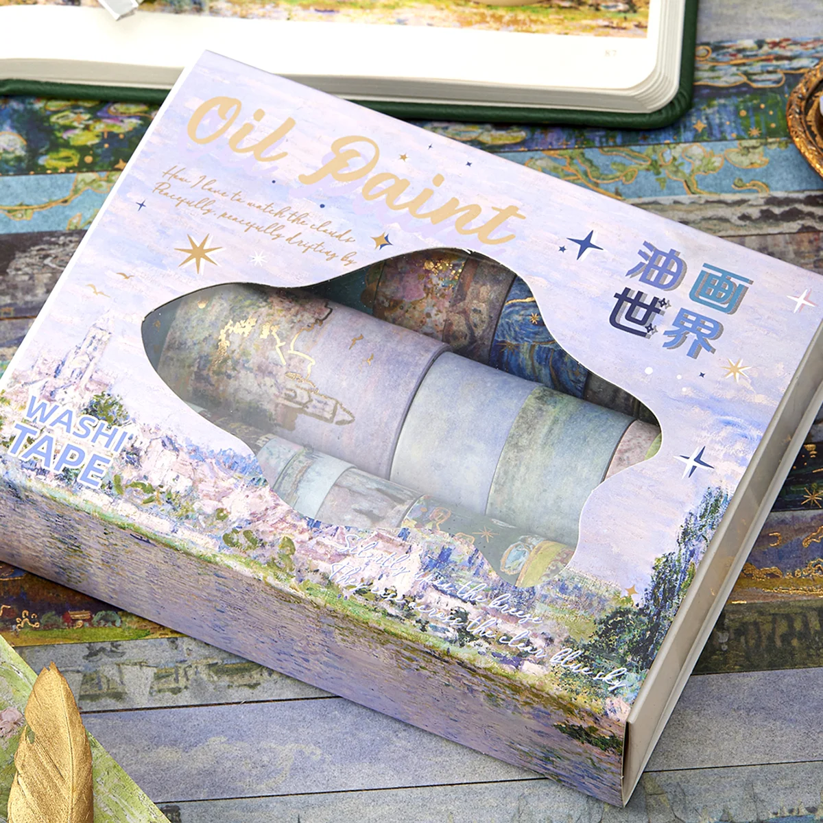 24ロール/箱 油絵テーマ和紙テープセット、金彩風デザイン装飾手作りDIYデコレーション素材テープ