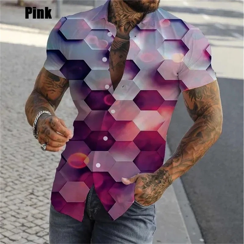 

New Personality Men's Casual Fashion Geometric 3D Three-dimensional Pattern Shirt Men Summer Short Sleeve Button Up Shirts Tops