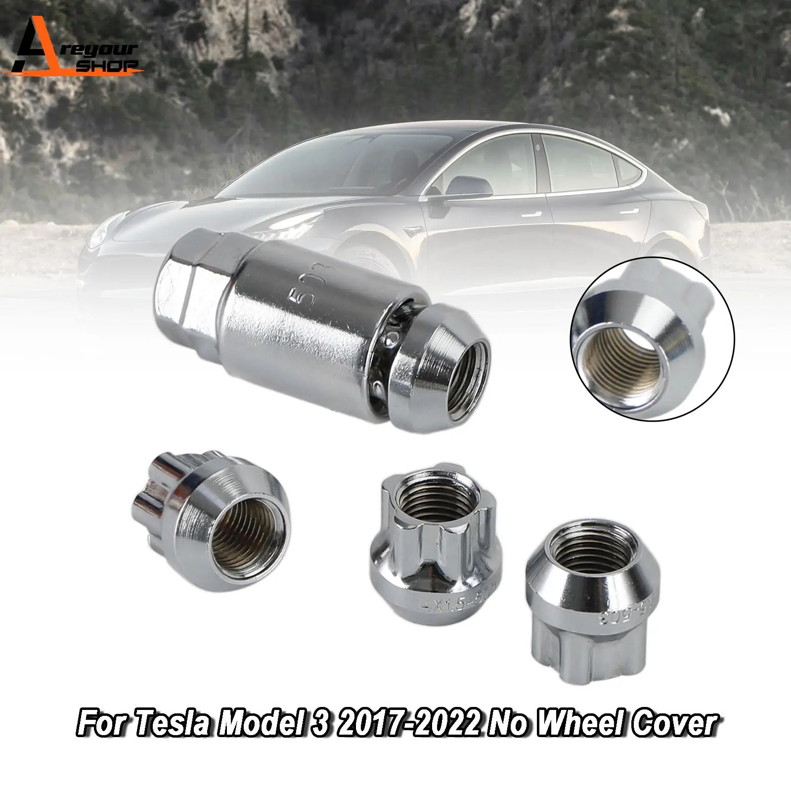 Areyourshop 4PCS Wheel Lock Lug Nut Fit For Tesla Model S/3/X/Y All Year Chrome M14×1.5 Car Accessoriess Parts