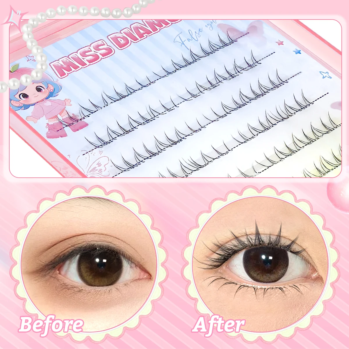 New Self-adhesive Lower False Eyelashes 48Cluster Stemless Natural Look Bottom Individual C-Curl Extension DIY Makeup Lashes