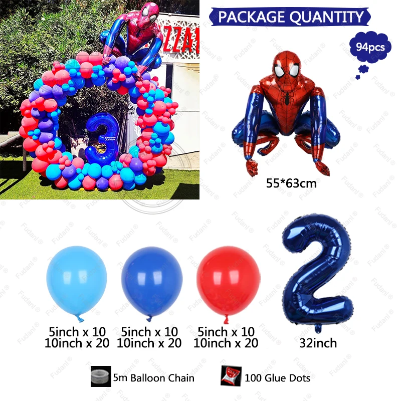 94pcs 3D Spiderman Red Blue Birthday Balloons Round Garland Arch Baby Shower Age 1-9 Foil Balloons Superhero Helium Air Globos