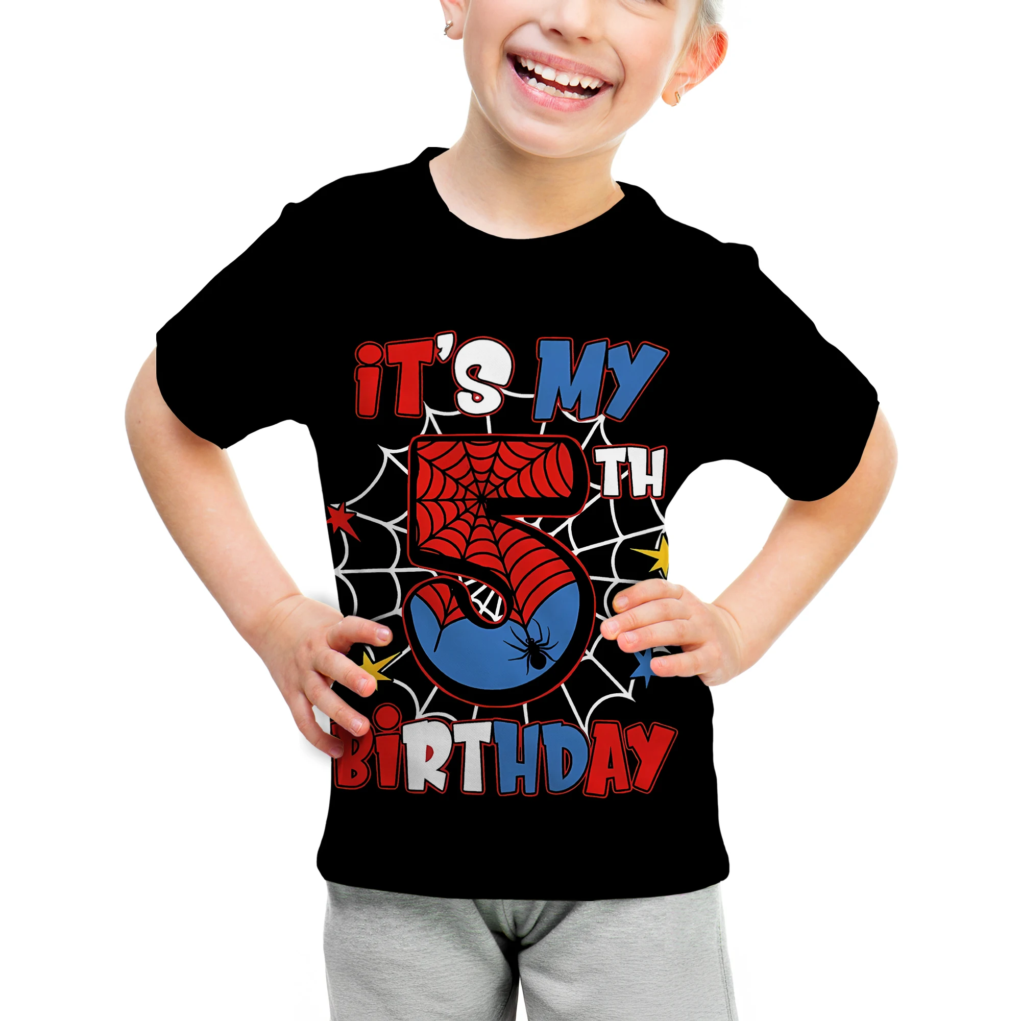 Kids 5th Birthday Girls & Boys T-Shirt Spider Web Graphic Clothes, Birthday Party Top Casual Wear, Gift for Young Hero Lovers view 6
