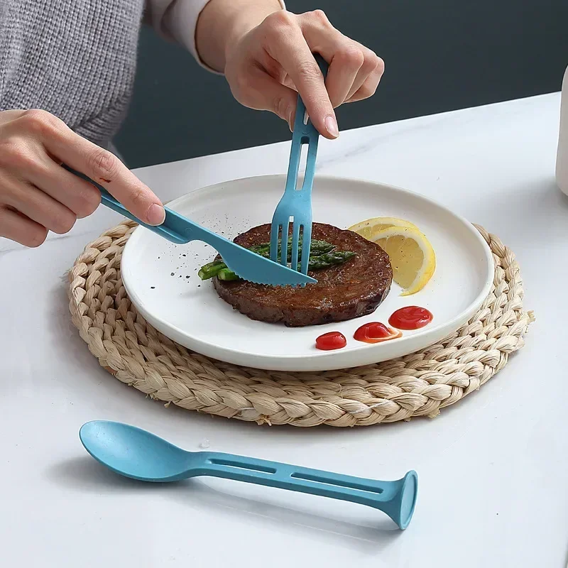 Portable Cutlery Set 3 In 1 Travel Reusable Cutlery Set Style Wheat Straw Knife Fork Spoon Dinnerware Kitchen Tableware