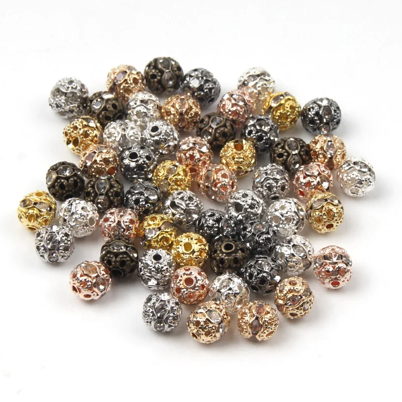 50pcs 6mm 8mm Metal Plated Crystal Rhinestone Round Ball Spacer Loose Beads For Jewelry Making DIY Bracelet Necklace Accessories
