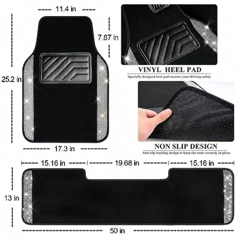 

Black Car Floor Mats With Rhinestone Trim Vinyl Heel Pad Non Slip Universal 3 Piece Set