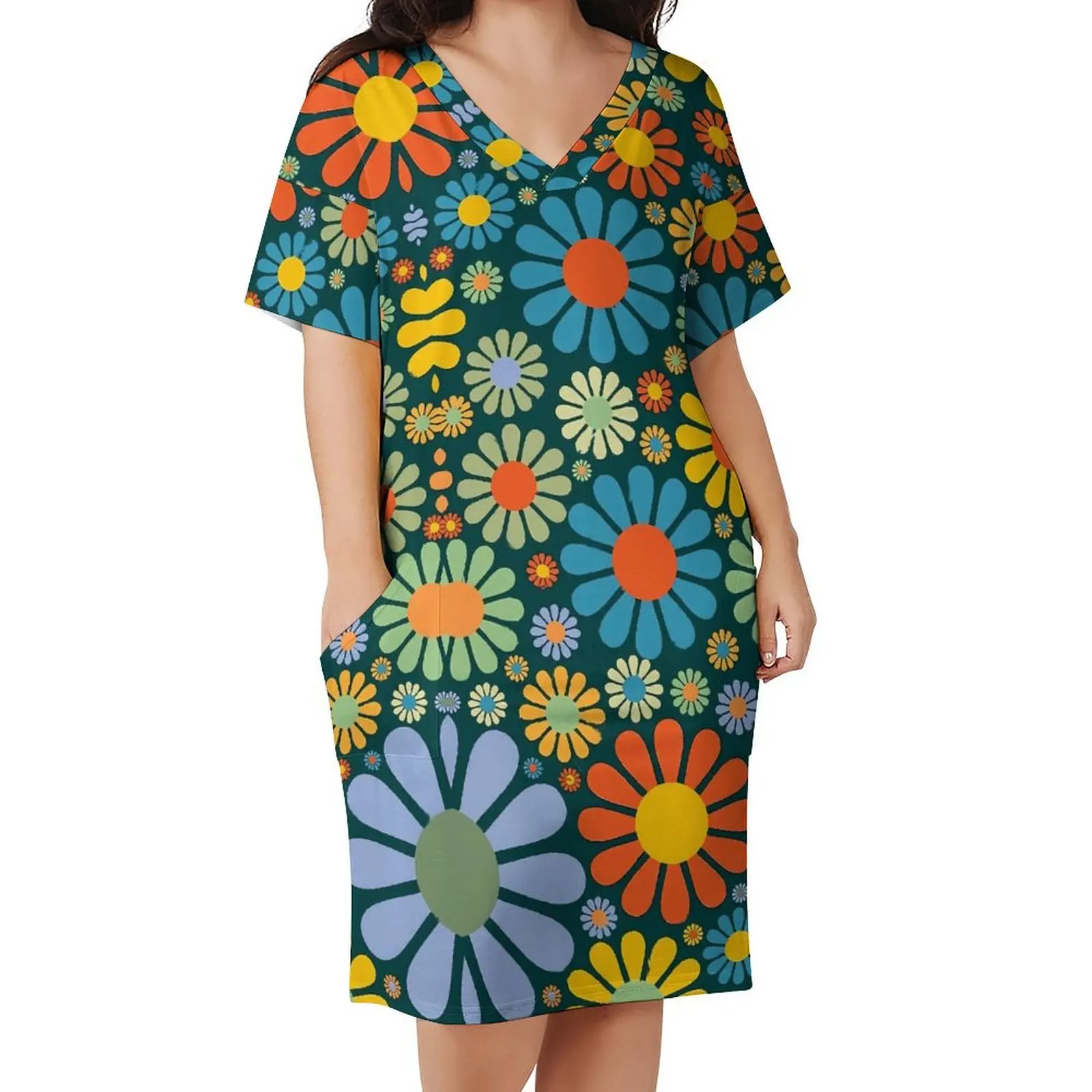 

Retro Flower Power Casual Dress Women Colorful Floral Print Pretty Dresses Spring V Neck Aesthetic Design Dress Big Size 5XL