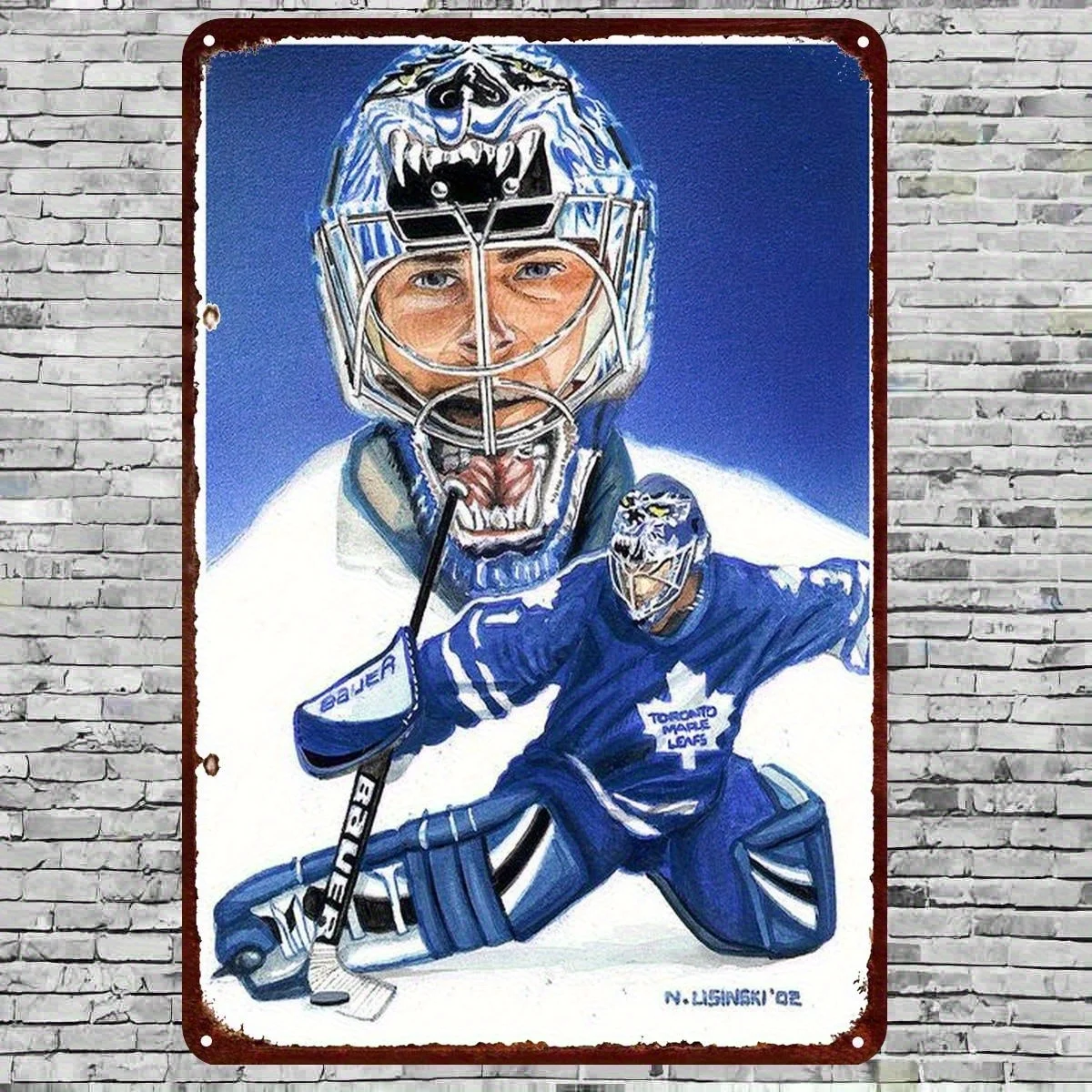 Handmade Iron Wall Art - Canada Maple Leaf Vintage Retro Ice Hockey Goalie Dynamic Design, Vibrant Blue & Black Metal Artwork