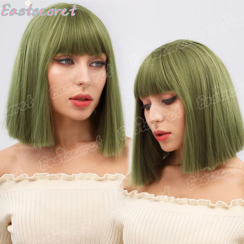 

Green Short Bob Hair Synthetic Wig For Woman With Bangs Cosplay Lolita Party Heat Resistant Daily Natural Hair