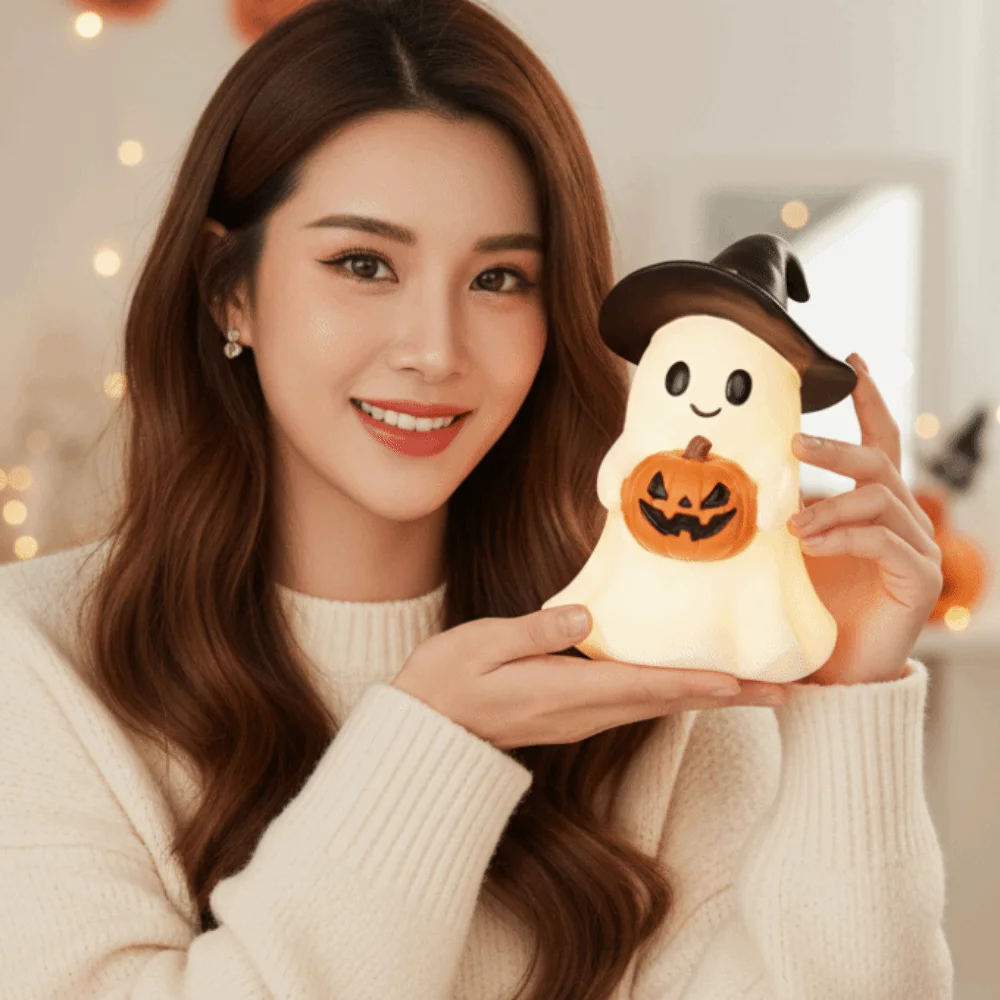 Warm White Ghost Night Light Button Cell Battery Operated Cute Design Halloween Glowing Ornament Soft Glow Compact Size
