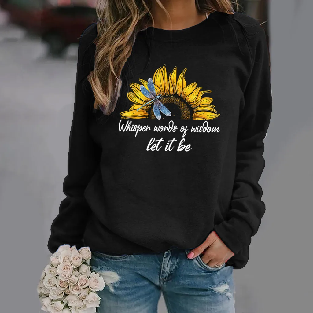 

Dragonfly Sunflower Print Long-sleeved Crew-neck Hoodie Lady streetwear women