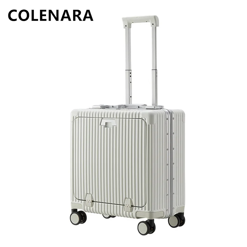 COLENARA ABS+PC Luggage Front Opening Laptop Boarding Case 18 Inch Aluminum Frame Trolley Case USB Charging Carry-on Suitcase