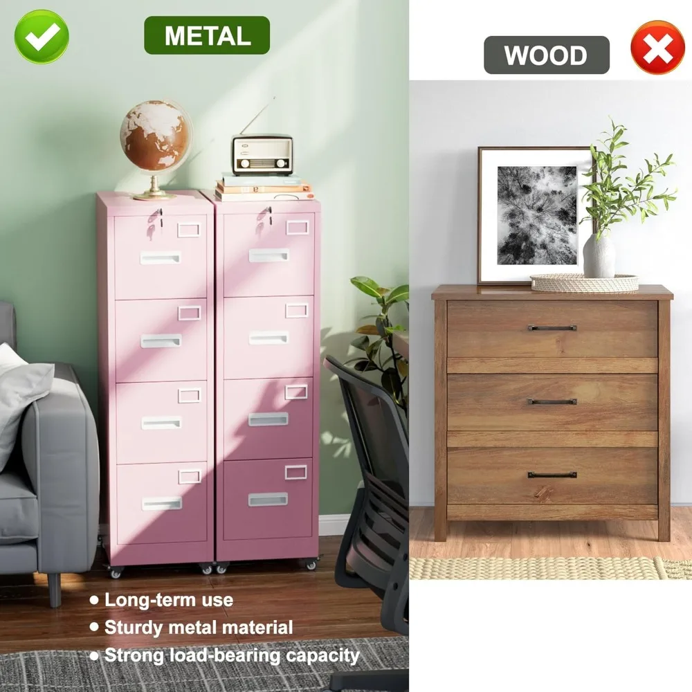 Schedario a 4 cassetti con ruote, schedario in metallo da ufficio con serratura con biglietto da visita per ufficio e casa, assemblaggio richiesto,Pi