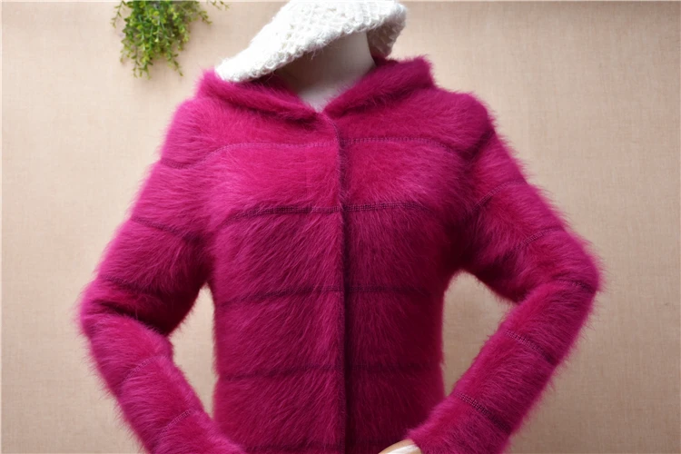 Ladies Women Fall Winter Pull Rose Hairy Mink Cashmere Knitted Hooded Long Sleeves Slim Cardigan Angora Fur Jacket Coat Sweater