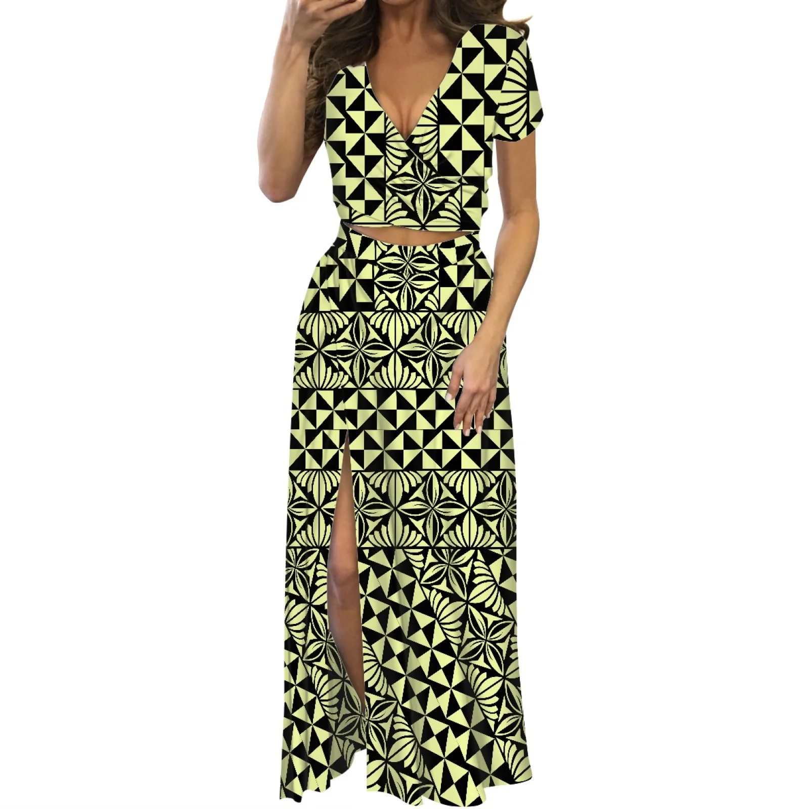 Imagem -03 - Polynesian Duas Peças Split Vestido Sexy Manga Curta Maxi Vestido de Verão Feminino de Baixo Corte Maxi Vestido Alta Qualidade Roxo