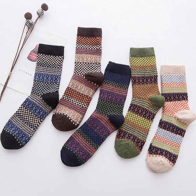 Men's Winter Warm Thick Wool Socks Unisex Contrast Color Rhombus Stripes British American Casual Business Crew Dropship