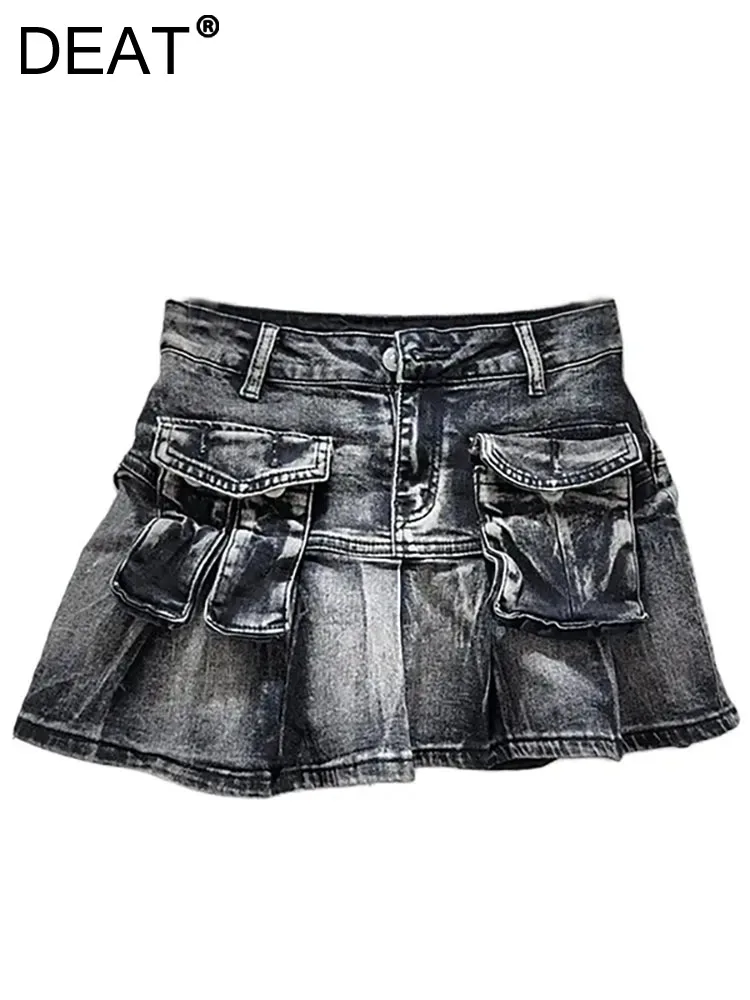 

DEAT Women Denim Skirts Patchwork Asymmetric Pockets Pleated Washed Retro Short Cargo Miniskirt 2024 Autumn New Fashion 29L7445