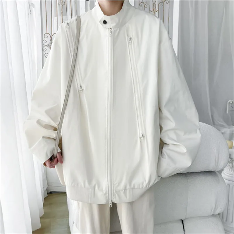 

Spring Autumn Stand Collar Jacket Men Solid Multiple Zippers Loose Fashion Casual Outwear Male Sports Streetwear Couple Jackets