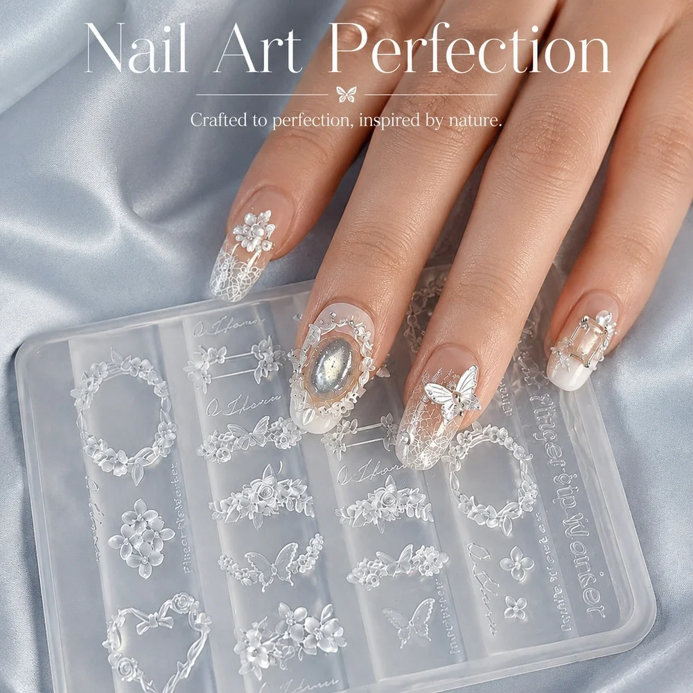 1Pc Floral Wreath Silicone Nail Mould Vintage Flower Butterfly Vine Design 3D Embossing Mold DIY Nail Art Decor Accessory Tool