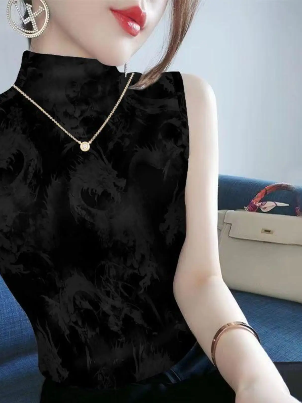 スリムフィットノースリーブプリントタンクトップ女性のファッショナブルなベースレイヤーシャツインナーウェア痩身トレンディな春の季節トップ