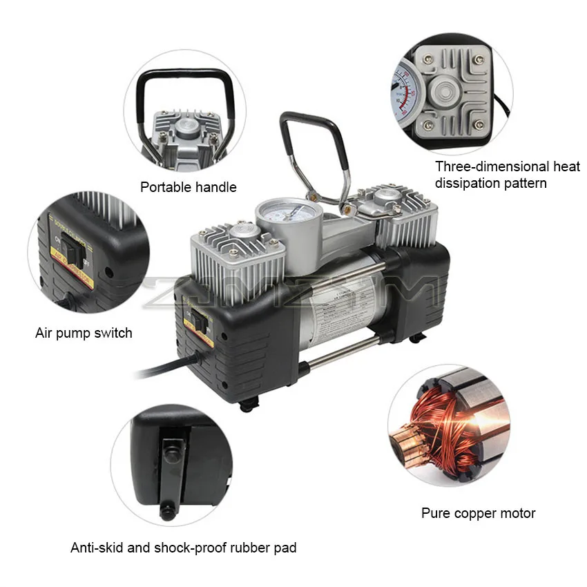 공기 압축기 자동차 타이어 팽창기, 휴대용 압력 펌프, 이중 실린더 압력 펌프 도구 세트, 순수 구리 모터, 150PSI, 12V