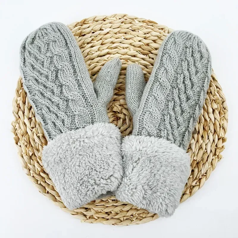 Women Fashion Knit Twist Flowers Mittens Winter Female Wool Plus Cashmere Velvet Thickening Warm Full Finger Gloves Guantes