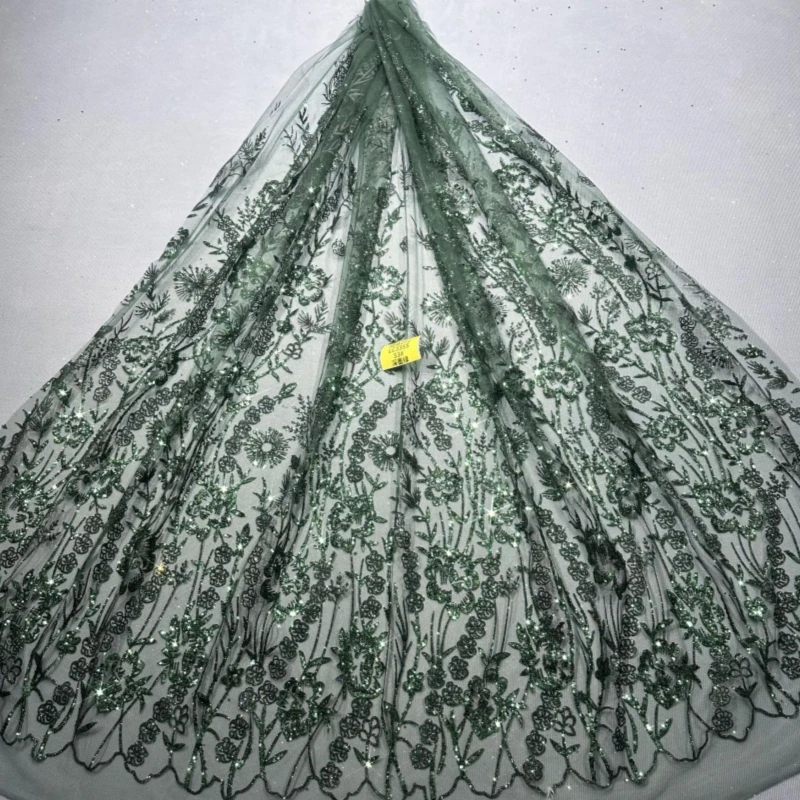 

Emerald Green Hot Sale Fadhion Africa Glitter Fabric Embroidery Net Lace Glued Glitter Sequins Wedding Party Spray gold Tull