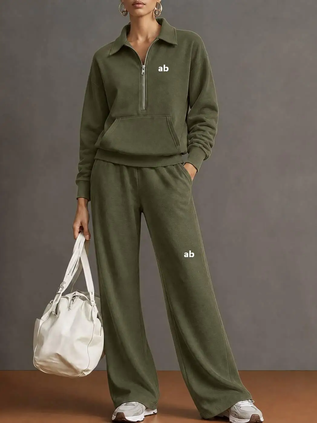 2026 New Style Collar Half-Closed Shirt Sports Set for Women - Loose Straight Leg Sweatpants Two-Piece Fitness Set